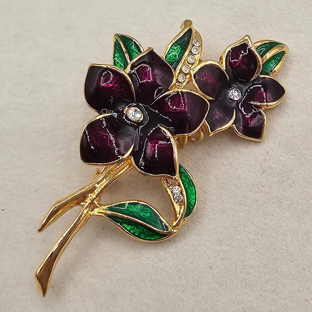 Rhinestone Flower Brooch Purple Enamel Floral Gold Tone Botanical Pin Nature